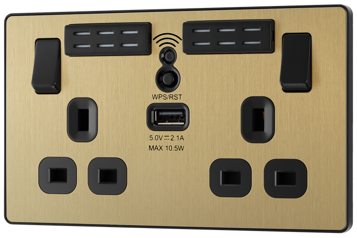 PCDSB22UWRB Front - This Evolve Satin Brass 13A double power socket with integrated Wi-Fi Extender from British General will eliminate dead spots and expand your Wi-Fi coverage.