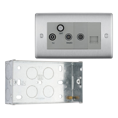 BG Nexus Brushed Steel Triplex TV/FM/Sat Socket + Return & Tel. NBS68 with 35mm Steel Back Box