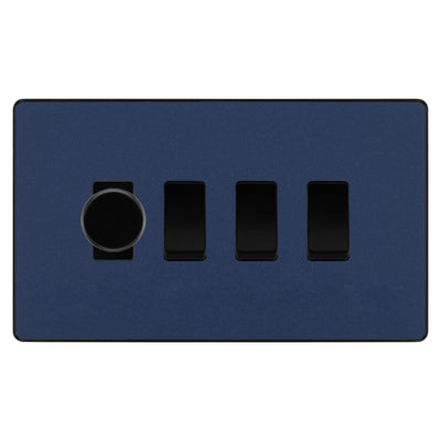 BG Evolve Matt Blue 4 Gang Light Switch 1x Trailing Edge LED Dimmer 3x 2 Way Custom Switch by British General (Evolve-DB-CUSTOM-4GANG-1x-DIMMER-3x-2WAY)