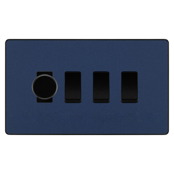 BG Evolve Matt Blue 4 Gang Light Switch 1x Trailing Edge LED Dimmer 3x 2 Way Custom Switch