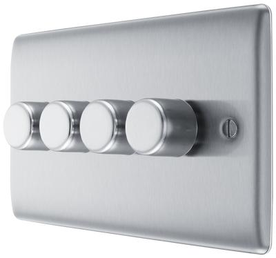BG NBS84 Nexus Metal Brushed Steel 4 Gang 200W 2 Way Trailing Edge Push Type Dimmer Switch
