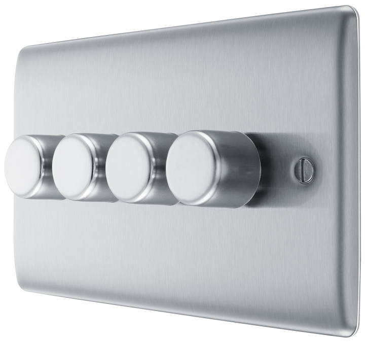  NBS84 Side -This trailing edge quadruple dimmer switch from British General allows you to control your light levels and set the mood. The intelligent electronic circuit monitors the connected load and provides a soft-start with protection against thermal, current and voltage overload.