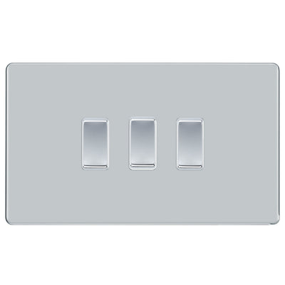 BG Polished Chrome Screwless 3 Gang Switch 2x Intermediate 1x 2 Way Custom Grid