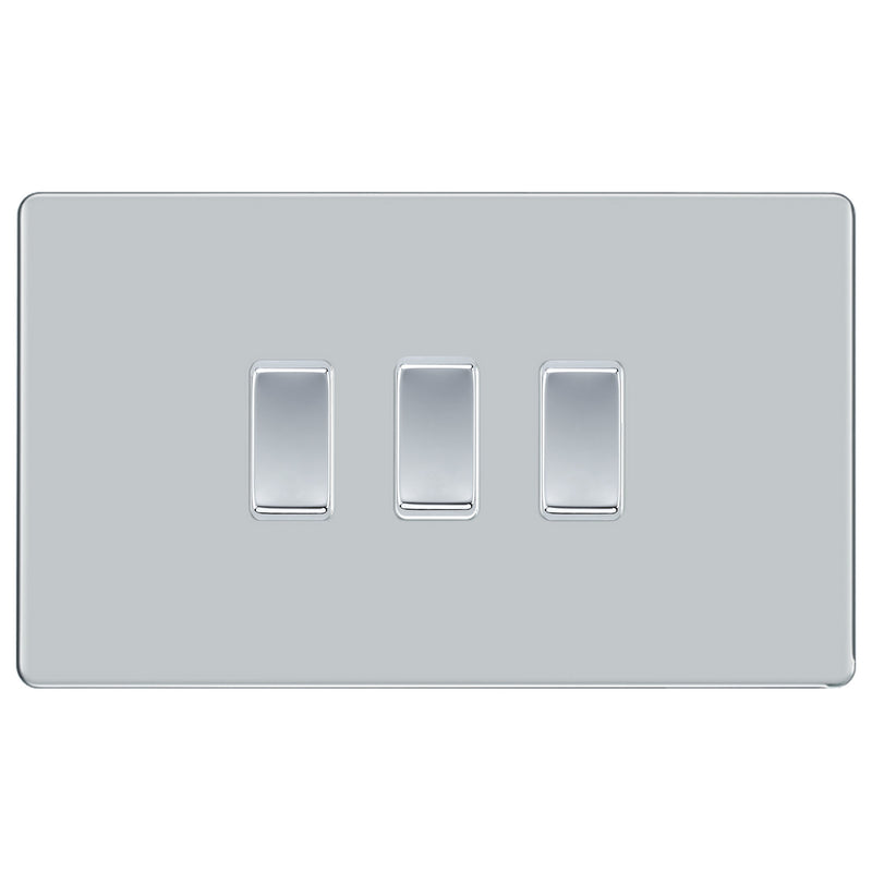 BG Polished Chrome Screwless 3 Gang Switch 2x Intermediate 1x 2 Way Custom Grid