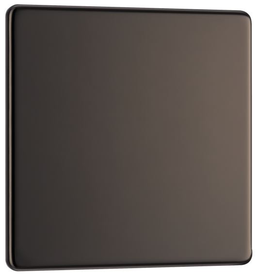 FBN94 Front - This screwless black nickel single blank plate from British General is ideal for covering unused electrical connections and has a slim clip-on/off front plate for a luxurious finish