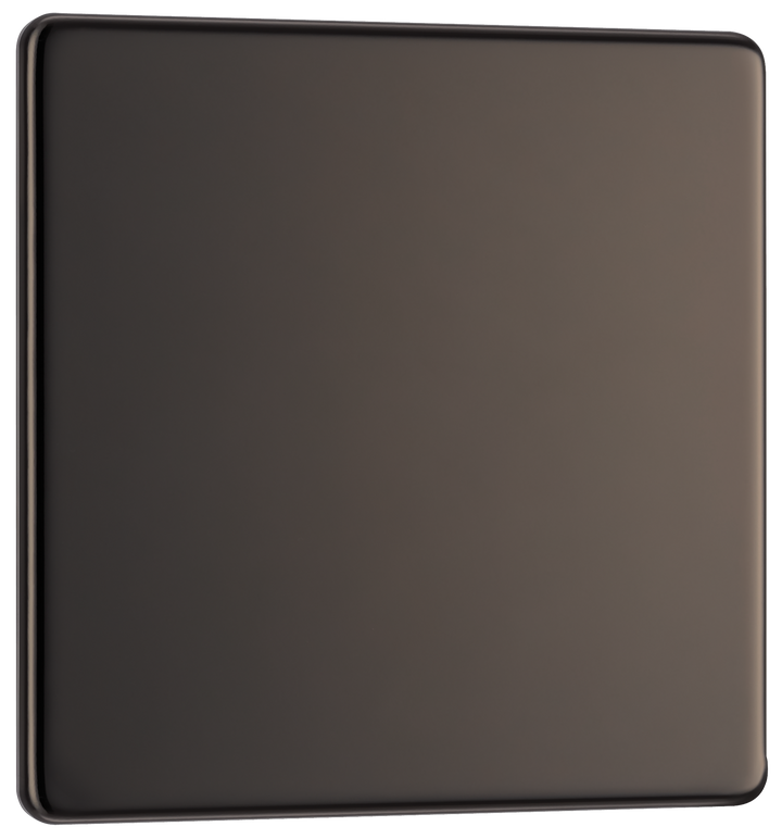 FBN94 Front - This screwless black nickel single blank plate from British General is ideal for covering unused electrical connections and has a slim clip-on/off front plate for a luxurious finish