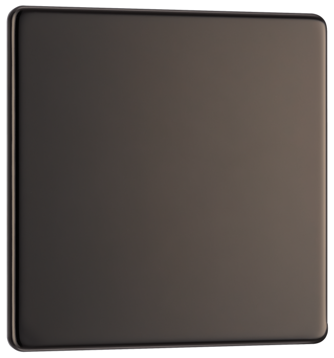 FBN94 Front - This screwless black nickel single blank plate from British General is ideal for covering unused electrical connections and has a slim clip-on/off front plate for a luxurious finish