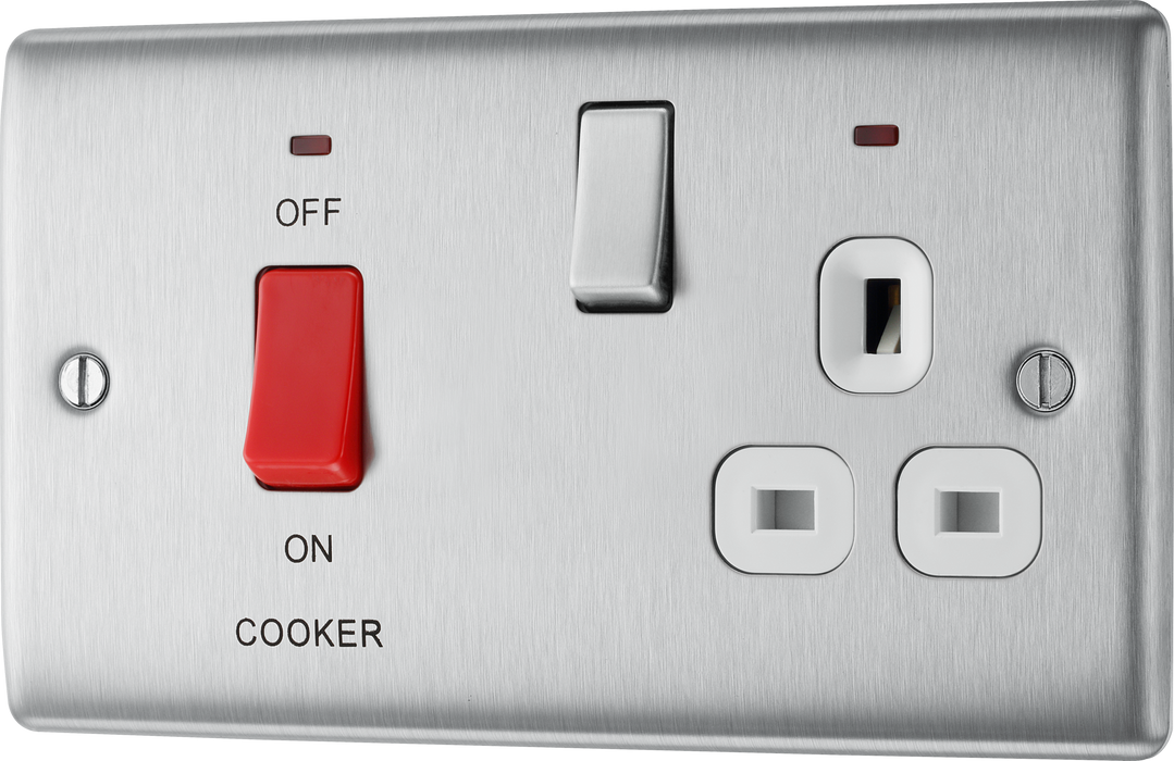 NBS70W Front - This 45A cooker control unit from British General includes a 13A socket for an additional appliance outlet, and has flush LED indicators above the socket and switch.