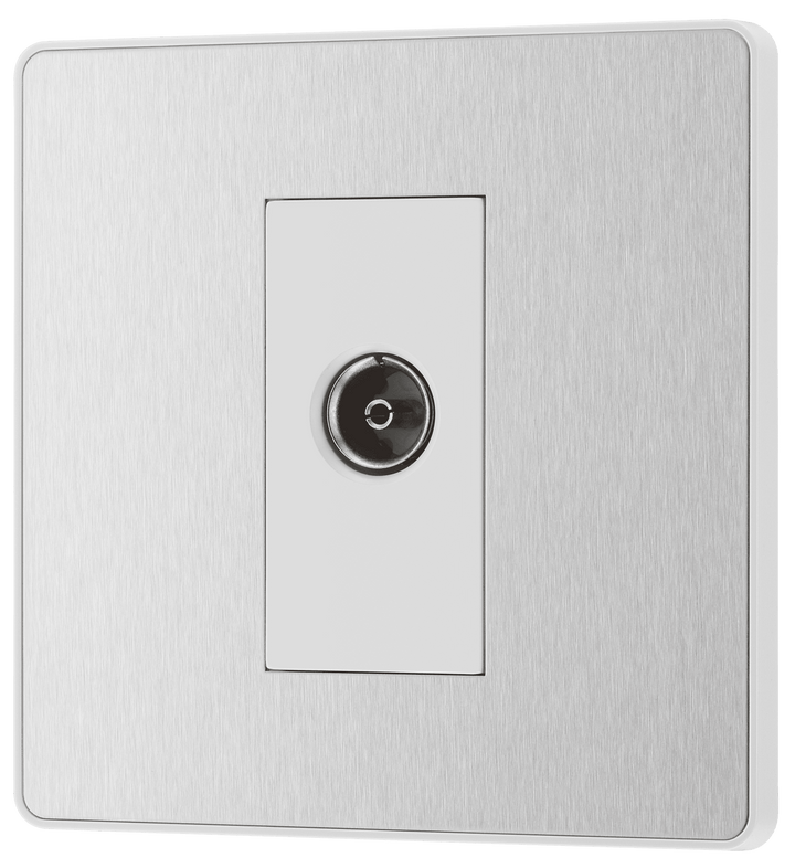 PCDBS60W Front - This Evolve Brushed Steel single coaxial socket from British General can be used for TV or FM aerial connections.