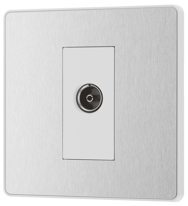 PCDBS60W Front - This Evolve Brushed Steel single coaxial socket from British General can be used for TV or FM aerial connections.