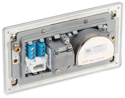 BG FBS68 Flatplate Triplex TV/FM/Sat Socket + Return & 1 Gang Tel. - Screened Brushed Steel - Grey Insert
