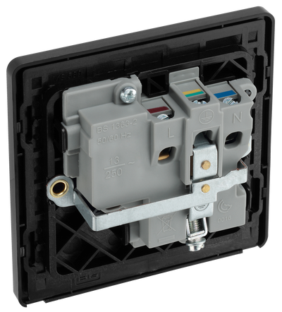 PCDBC21B Back - This Evolve Black Chrome 13A single switched socket from British General has been designed with angled in line colour coded terminals and backed out captive screws for ease of installation, and fits a 25mm back box making it an ideal retro-fit replacement for existing sockets.