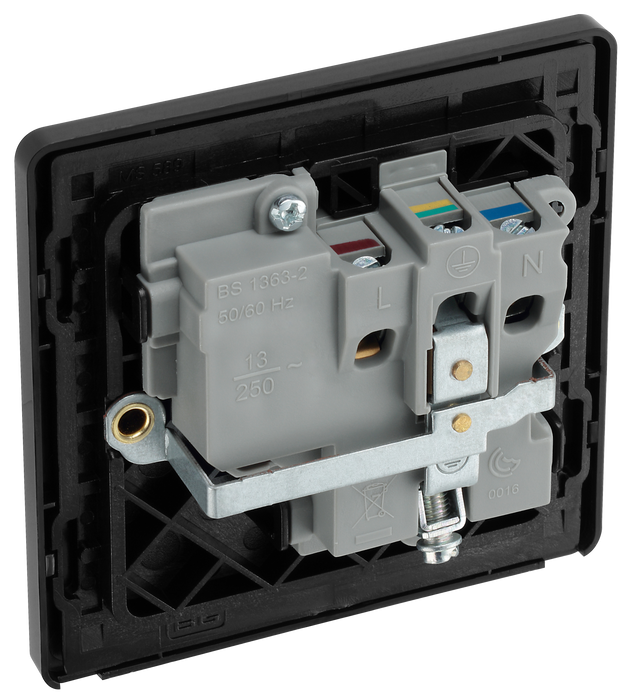 PCDBC21B Back - This Evolve Black Chrome 13A single switched socket from British General has been designed with angled in line colour coded terminals and backed out captive screws for ease of installation, and fits a 25mm back box making it an ideal retro-fit replacement for existing sockets.