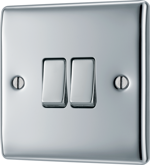 NPC42 Front - This polished chrome finish 20A 16AX double light switch from British General can operate 2 different lights whilst the 2 way switching allows a second switch to be added to the circuit to operate the same light from another location (e.g. at the top and bottom of the stairs).
