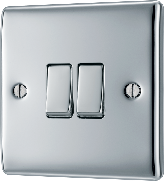 NPC42 Front - This polished chrome finish 20A 16AX double light switch from British General can operate 2 different lights whilst the 2 way switching allows a second switch to be added to the circuit to operate the same light from another location (e.g. at the top and bottom of the stairs).