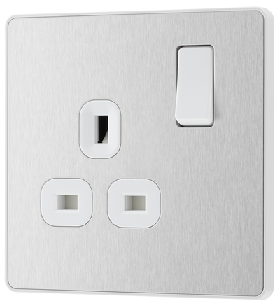 BG PCDBS21W Brushed Steel Evolve 1 Gang 13A Switched Socket Outlet - White Insert