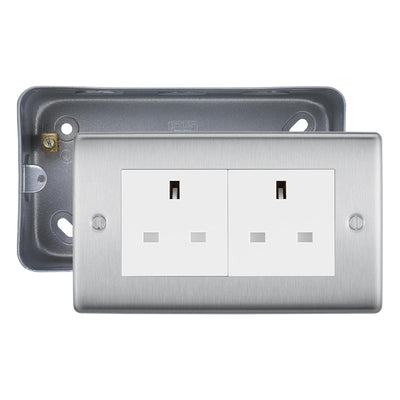 Brushed Steel 2 Gang 13A Unswitched Socket & Surface Pattress Back Box by British General (BG-NBS24W+MC502)