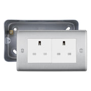 Brushed Steel 2 Gang 13A Unswitched Socket & Surface Pattress Back Box by British General (BG-NBS24W+MC502)