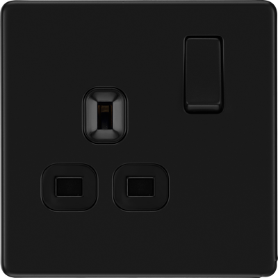 BG Nexus Flatplate Screwless Matt Black Single Socket FFB21B Black Insert 13 Amp