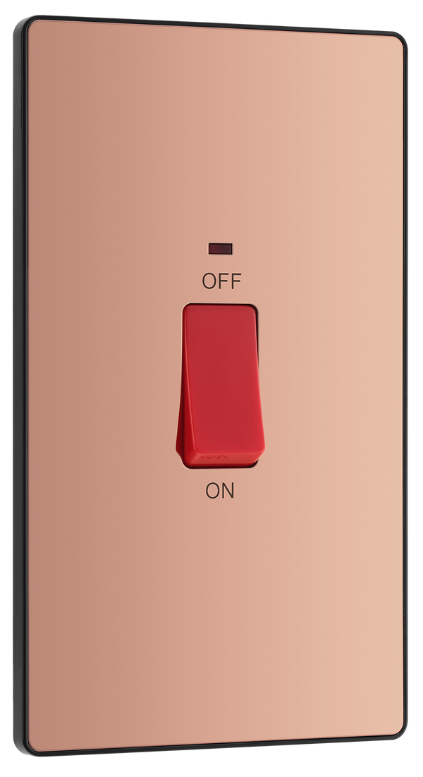 PCDCP72B Front - This Evolve Polished Copper 45A double pole switch with indicator from British General is ideal for use with cookers and has a large mounting plate measuring 146mm high x 86mm wide.