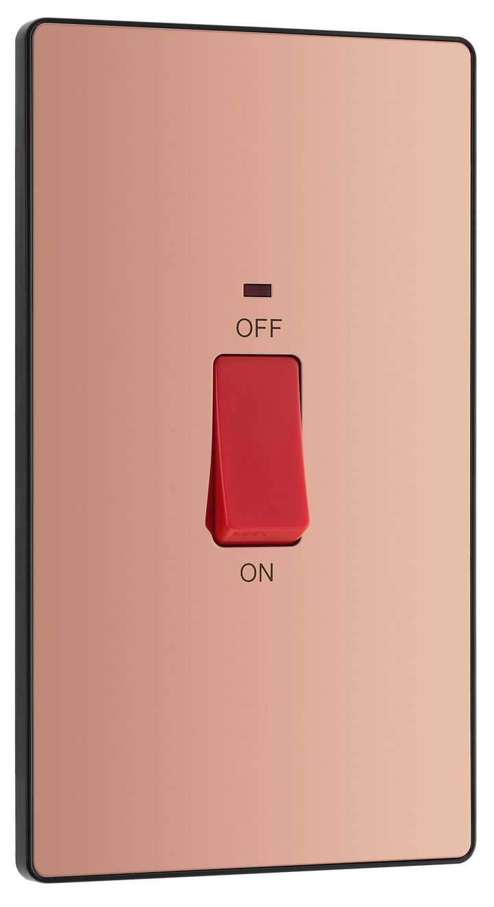 PCDCP72B Front - This Evolve Polished Copper 45A double pole switch with indicator from British General is ideal for use with cookers and has a large mounting plate measuring 146mm high x 86mm wide.