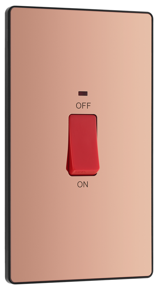 PCDCP72B Front - This Evolve Polished Copper 45A double pole switch with indicator from British General is ideal for use with cookers and has a large mounting plate measuring 146mm high x 86mm wide.
