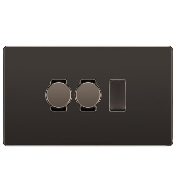 BG Black Nickel Screwless Flat Plate 3 Gang Light Switch 2x Trailing Edge LED Dimmer 1x 2 Way Custom Switch