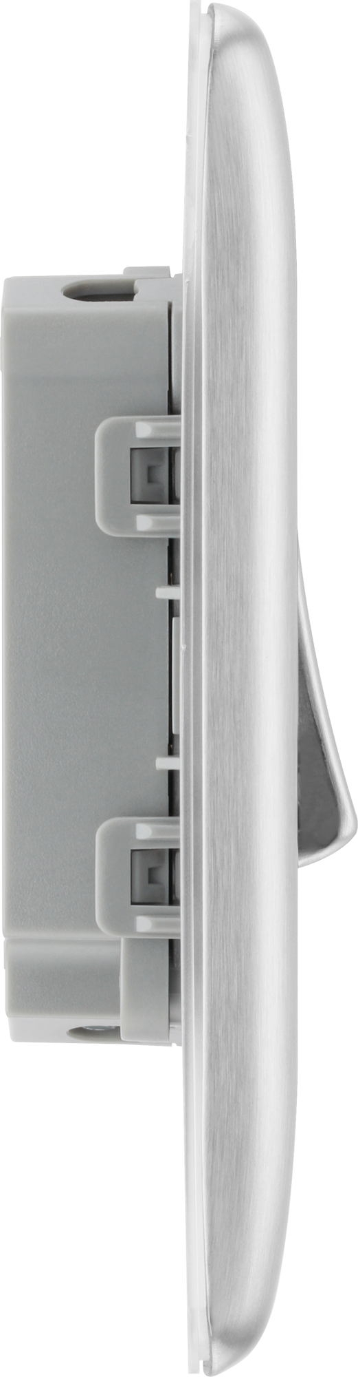 NBS42 Side -This brushed steel finish 20A 16AX double light switch from British General can operate 2 different lights whilst the 2 way switching allows a second switch to be added to the circuit to operate the same light from another location (e.g. at the top and bottom of the stairs).