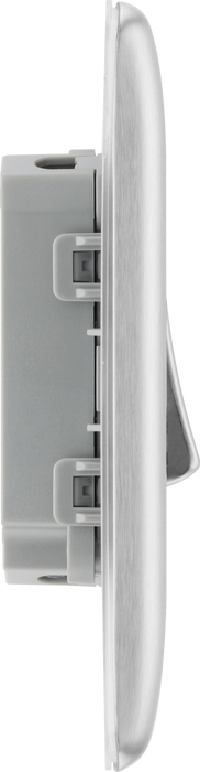 NBS42 Side -This brushed steel finish 20A 16AX double light switch from British General can operate 2 different lights whilst the 2 way switching allows a second switch to be added to the circuit to operate the same light from another location (e.g. at the top and bottom of the stairs).