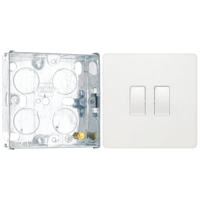 BG Evolve Pearlescent White 20A 16AX 2 Way Double Light Switch PCDCL42W with 25mm Steel Back Box