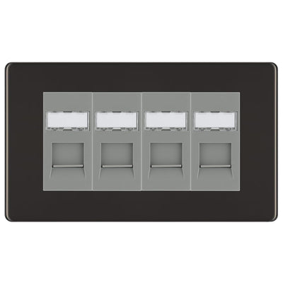 BG Screwless Black Nickel 4 Gang RJ45 Cat6 Data Socket Outlet Grey Inserts by British General (BG-FBNRJ454G)