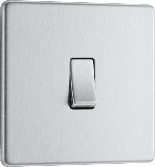 FBS13 Front - This Screwless Flat plate brushed steel finish 20A 16AX intermediate light switch from British General should be used as the middle switch when you need to operate one light from 3 different locations such as either end of a hallway and at the top of the stairs.