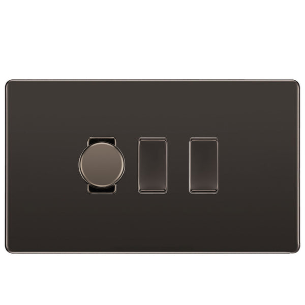 BG Black Nickel Screwless Flat Plate 3 Gang Light Switch 1x Trailing Edge LED Dimmer 2x 2 Way Custom Switch