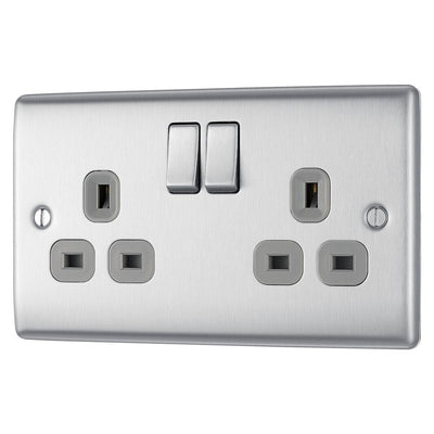 Brushed Steel 2 Gang 13A Switched Double Socket & Surface Pattress Back Box