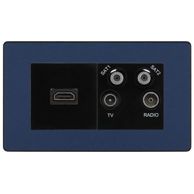 BG Evolve Matt Blue 4G Faceplate with HDMI + TV/FM/SAT Module - Black Insert by British General (BG-PCDDBEMR4B-HDMI-TVFM2B)