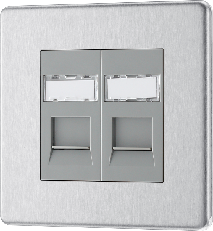 FBSRJ452 Front - This RJ45 ethernet socket from British General uses an IDC terminal connection and is ideal for home and office providing 2 networking outlets with ID windows for identification.