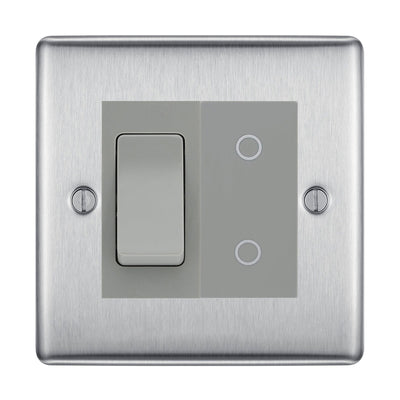 BG Brushed Steel 2 Gang Custom Switch 1x 2 Way Switch 1x Secondary Touch Dimmer Grey Inserts by British General (BG-NEXUS-BS-2G-1x-2WAY-SWITCH-1x-STD-GI)