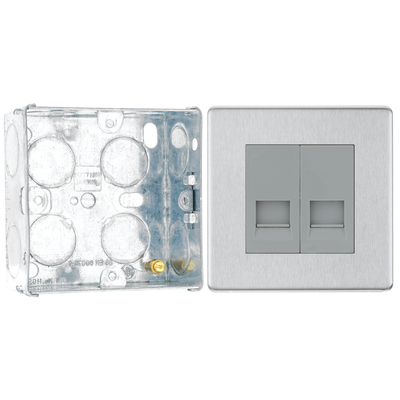BG Screwless Brushed Steel Double Master Telephone Socket FBSBTM2 with 35mm Steel Back Box