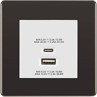 BG Screwless Black Nickel 45W USB Wall Socket Euro Module USB-A & C-White Insert by British General (BG-FBNEMS2+EMUSBAC45W)