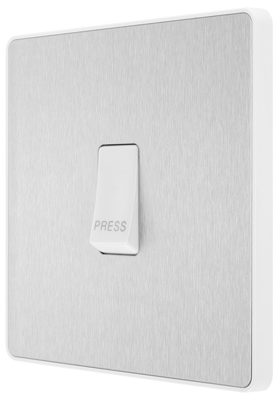 BG PCDBS14W Brushed Steel Evolve 10AX 1 Way Press Switch - White Insert