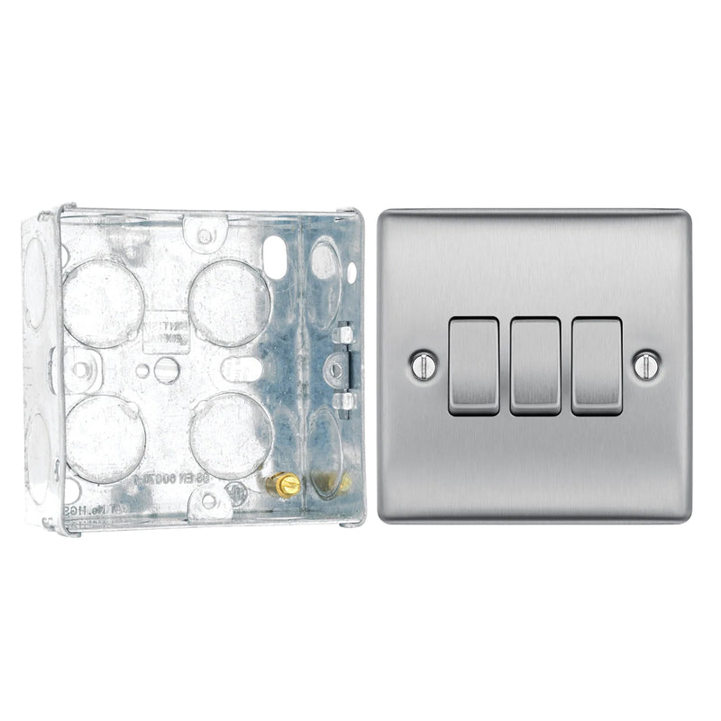 BG Nexus Brushed Steel 20A 16AX 2-Way Triple Light Switch NBS43 with 35mm Steel Back Box