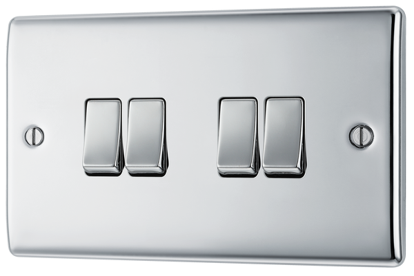 NPC44 Front - This polished chrome finish 20A 16AX quadruple light switch from British General can operate 4 different lights whilst the 2 way switching allows a second switch to be added to the circuit to operate the same light from another location (e.g. at the top and bottom of the stairs).