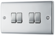 NPC44 Front - This polished chrome finish 20A 16AX quadruple light switch from British General can operate 4 different lights whilst the 2 way switching allows a second switch to be added to the circuit to operate the same light from another location (e.g. at the top and bottom of the stairs).