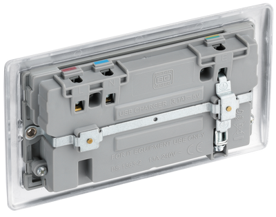 BG NBS22U3G Nexus Metal Brushed Steel 2 Gang 13A 2x USB-A 3.1A Switched Socket - Grey Insert