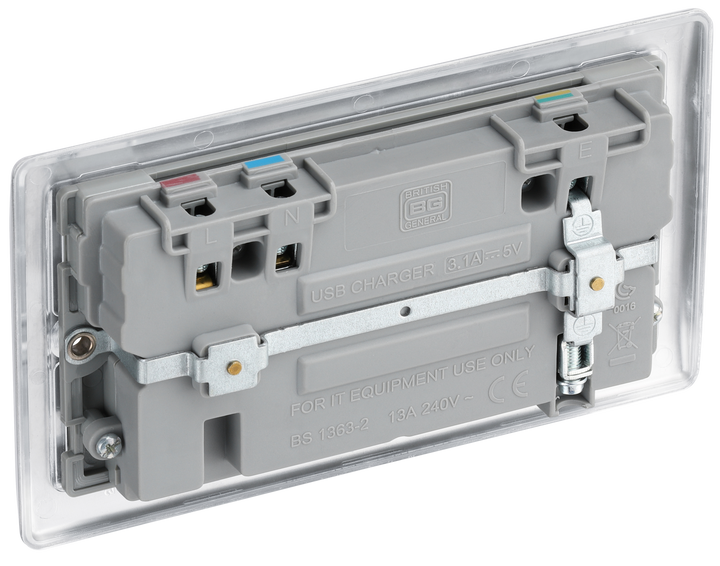 NBS22U3G Back - This 13A double power socket from British General comes with two USB charging ports, allowing you to plug in an electrical device and charge mobile devices simultaneously without having to sacrifice a power socket.