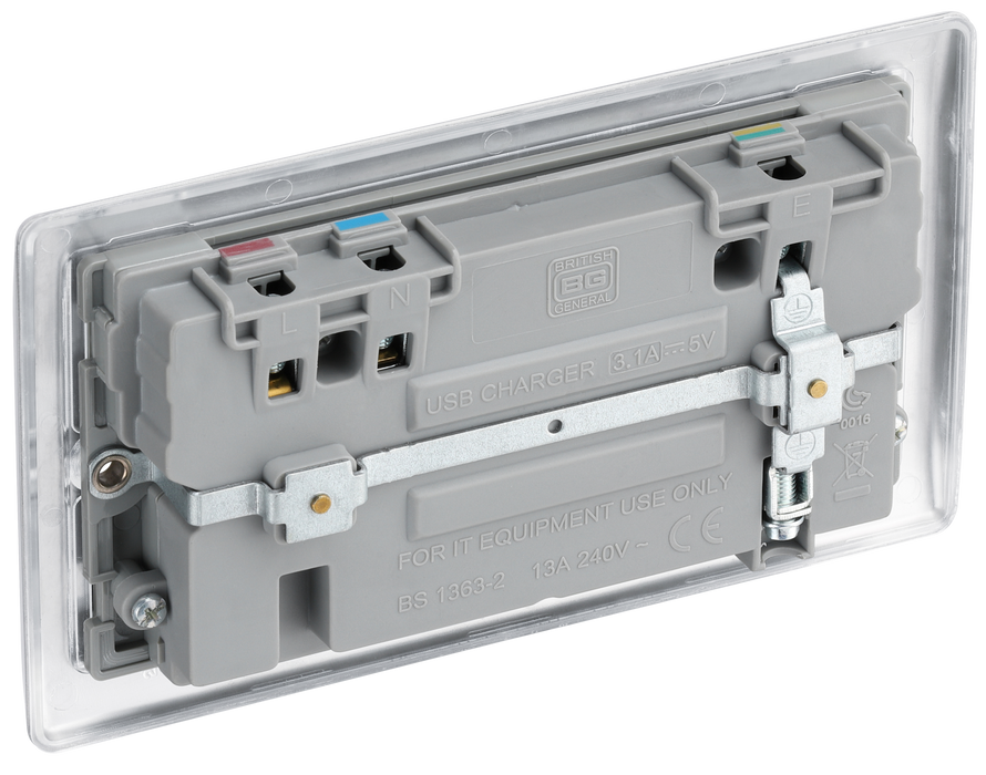 NBS22U3G Back - This 13A double power socket from British General comes with two USB charging ports, allowing you to plug in an electrical device and charge mobile devices simultaneously without having to sacrifice a power socket.