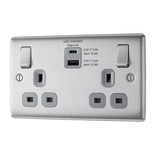 BG NBS22UACG Double 13 Amp Socket Outlet with A and C type USB Charger 3A Switched Socket