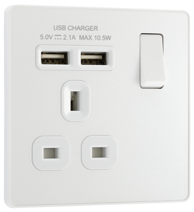  PCDCL21U2W Front - This Evolve pearlescent white 13A single power socket from British General comes with two USB charging ports, allowing you to plug in an electrical device and charge mobile devices simultaneously without having to sacrifice a power socket.