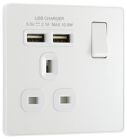 BG PCDCL21U2W Pearlescent White Evolve 1 Gang 13A 2x USB-A 2.1A Switched Socket Outlet - White Insert by British General (BG-PCDCL21U2W-Shopify-SA_1)