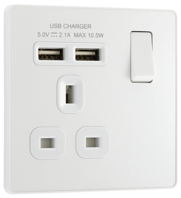  PCDCL21U2W Front - This Evolve pearlescent white 13A single power socket from British General comes with two USB charging ports, allowing you to plug in an electrical device and charge mobile devices simultaneously without having to sacrifice a power socket.